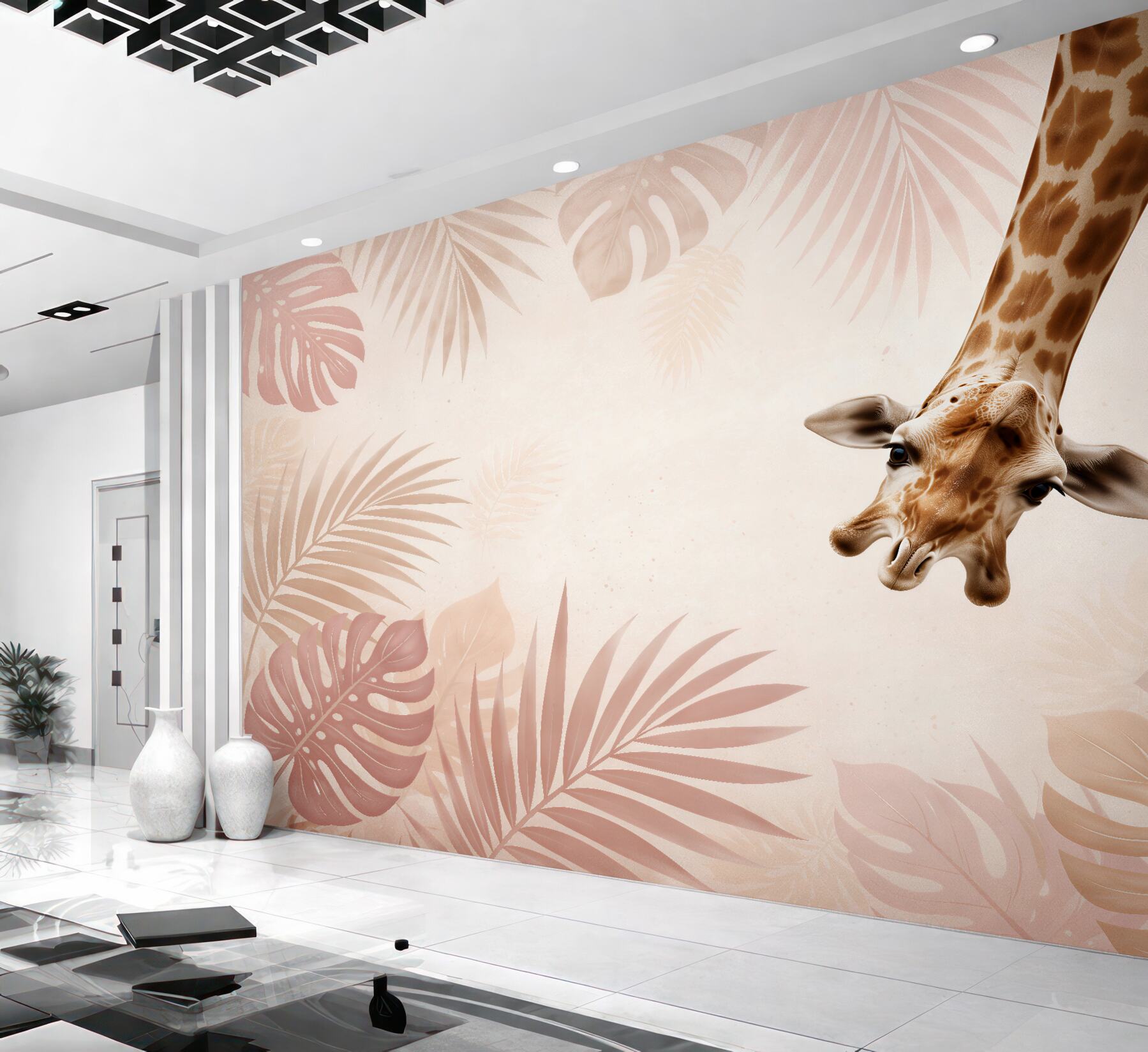Fototapeten Giraffe in puderfarbenen Blättern