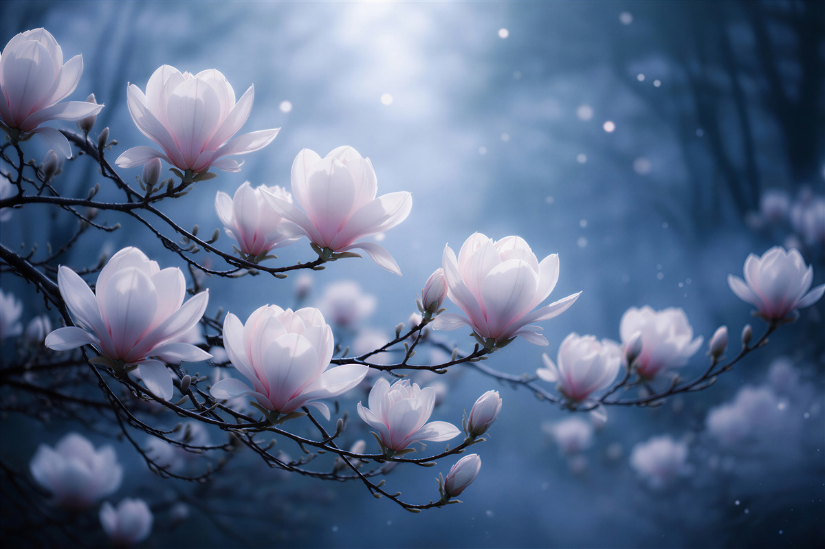 Fototapeten Magnolien im mondhellen Nebel