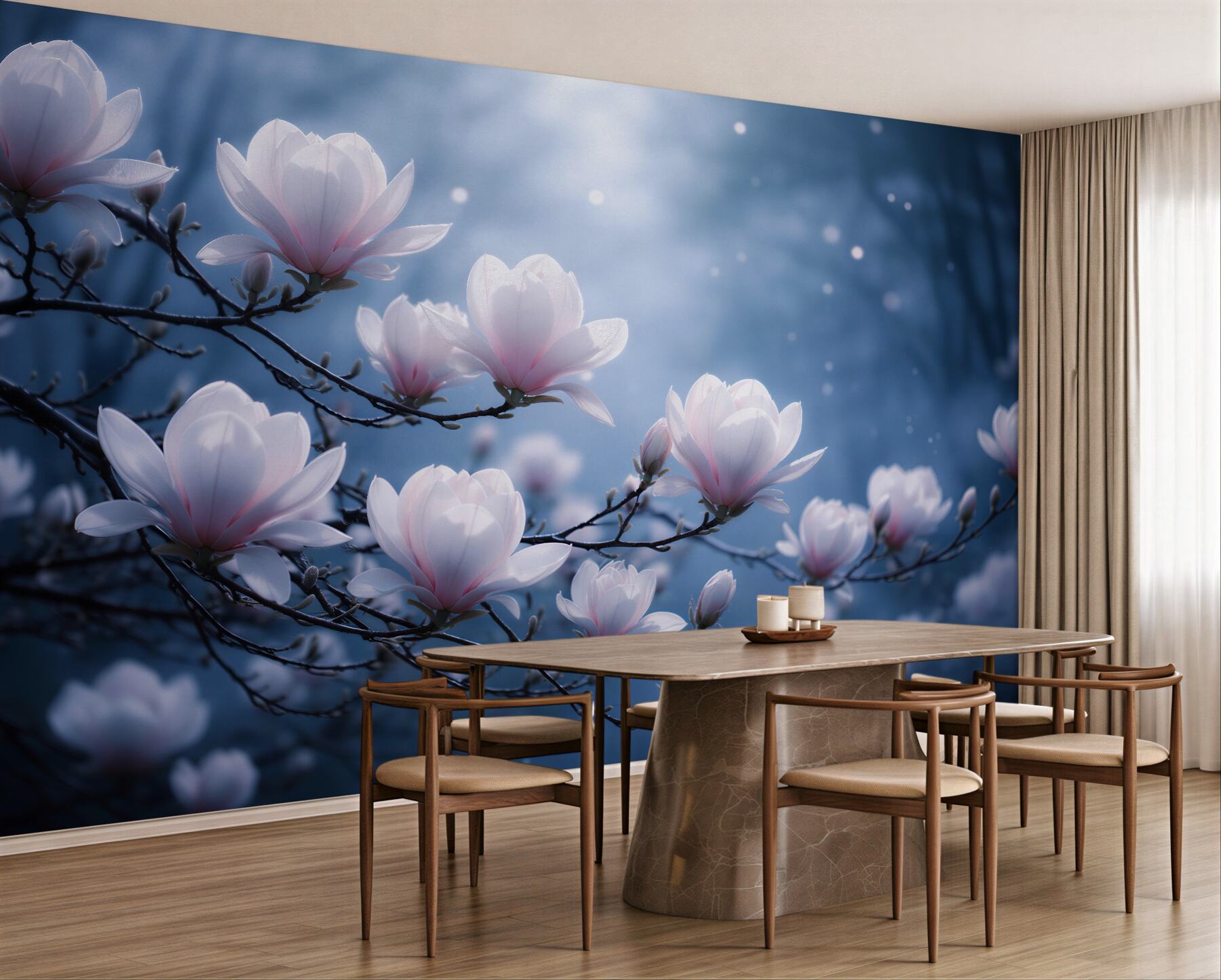 Fototapeten Magnolien im mondhellen Nebel