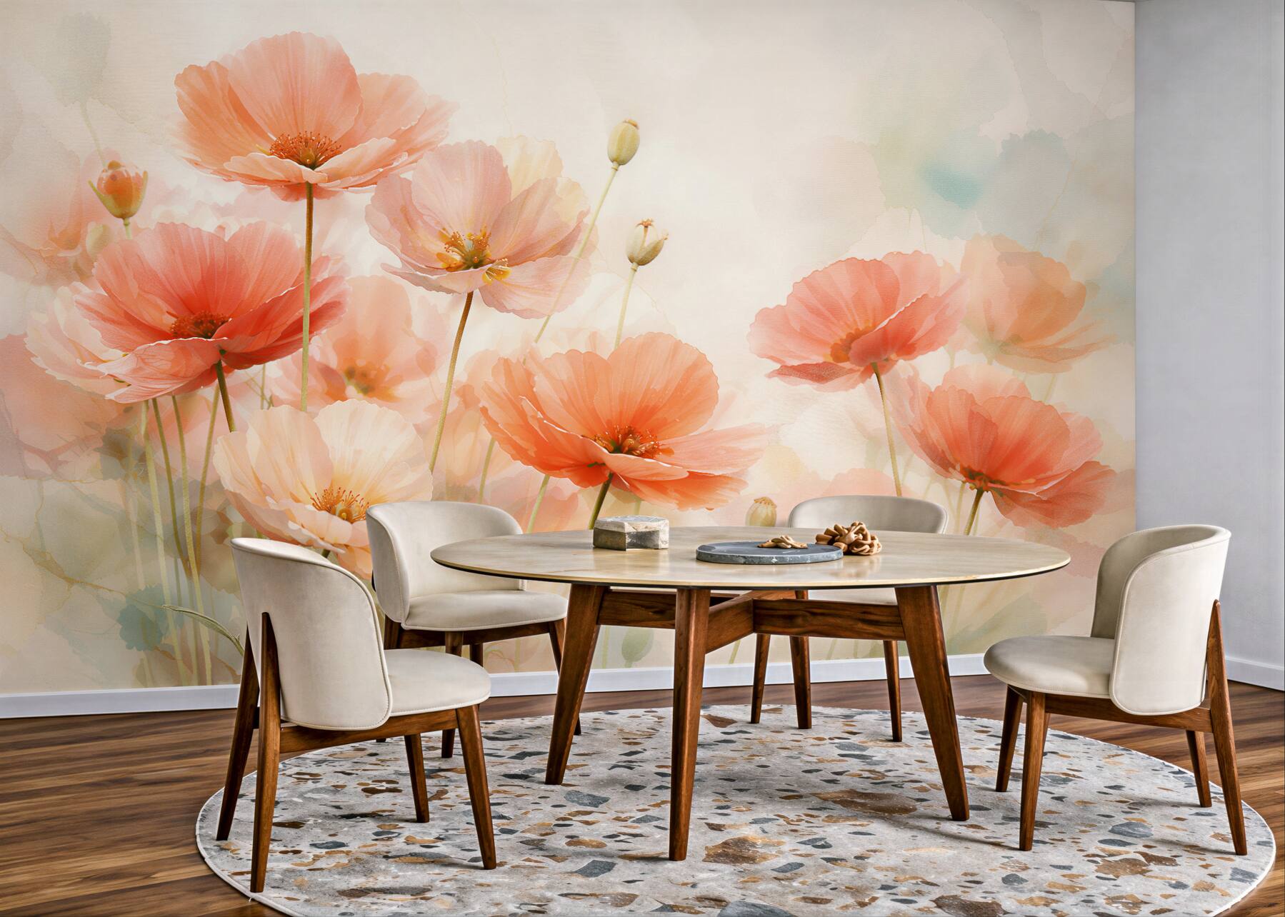 Fototapeten Zarte Mohnblumen in pastelligem Nebelschleier