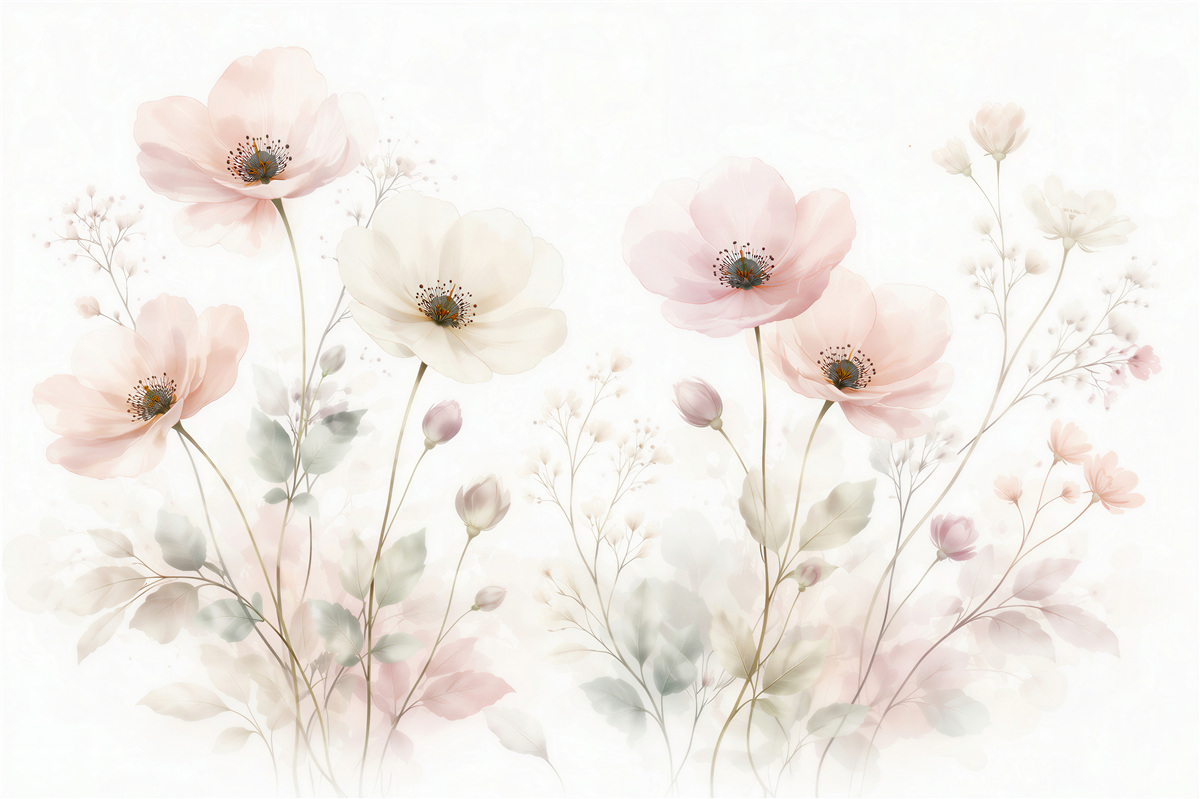 Fototapeten Zarte pastellfarbene Aquarell-Mohnblumen