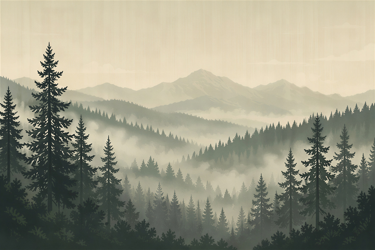 Fototapeten Nebeliger Wald und Berggipfel