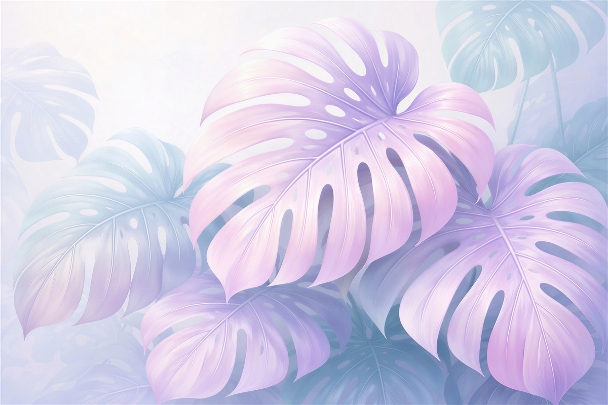 Fototapeten Pastellfarbene Monstera-Blätter im Nebel