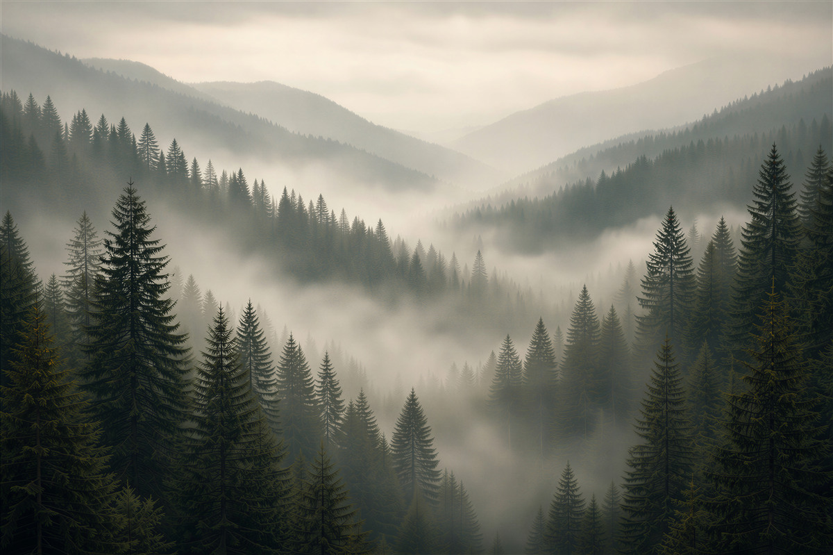 Fototapeten Nebeliger Bergwald im Morgengrauen