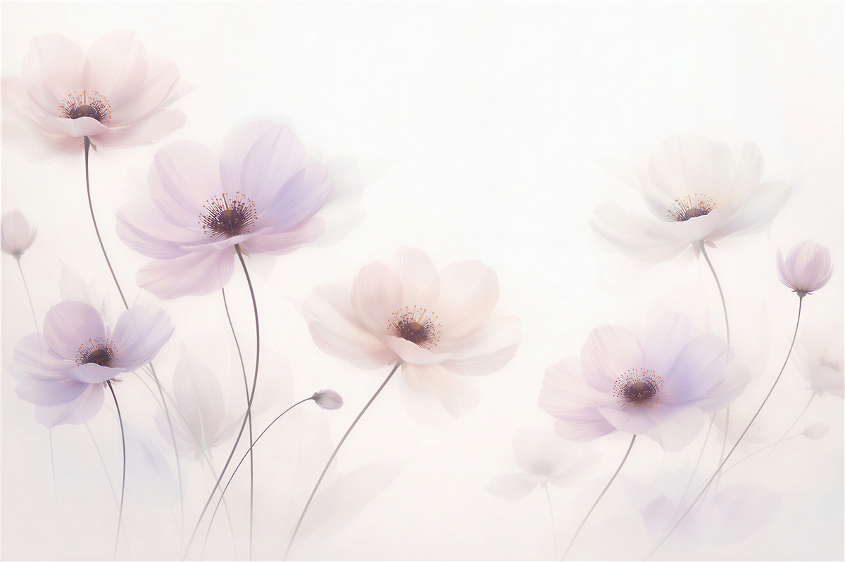 Fototapeten Pastellfarbene Blumen im leichten Nebel