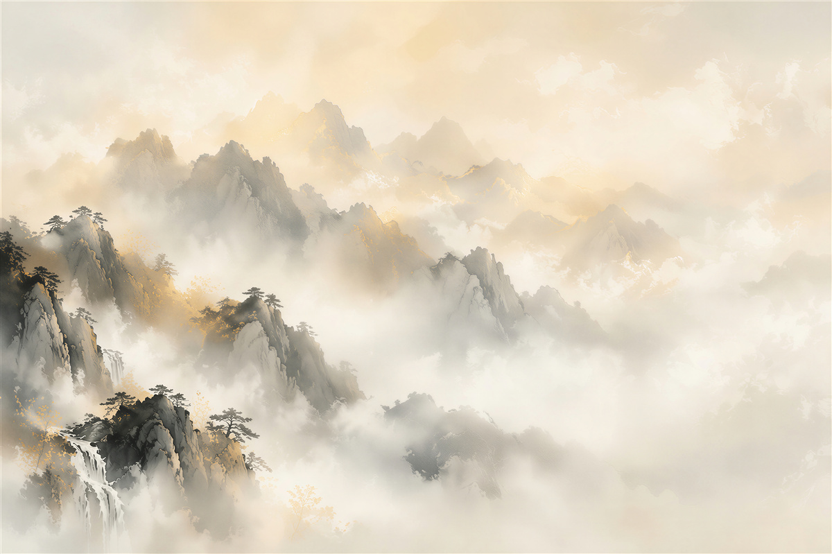 Fototapeten Goldene Berge in nebliger Landschaft