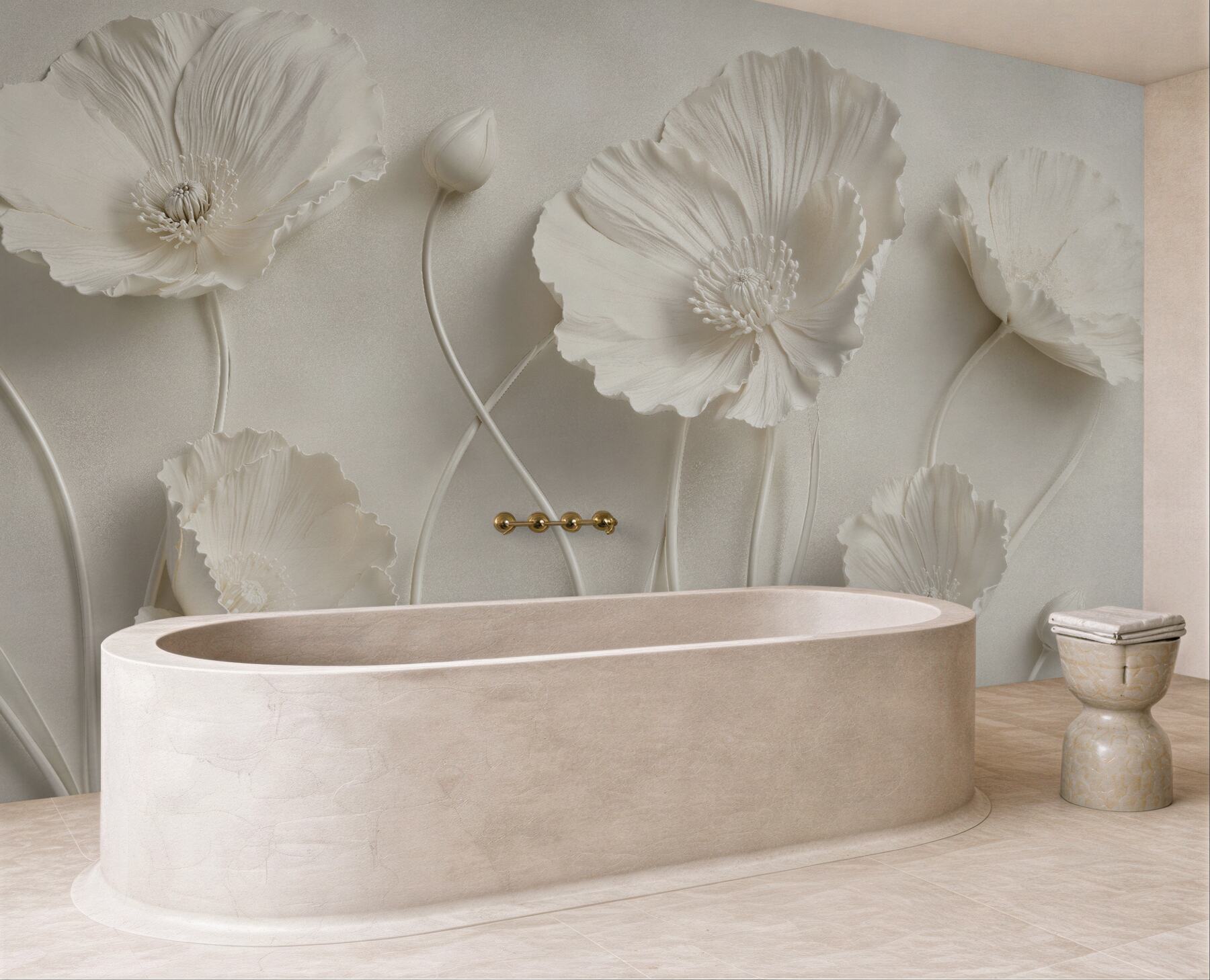 Fototapeten Cremefarbene Blumen im eleganten Relief