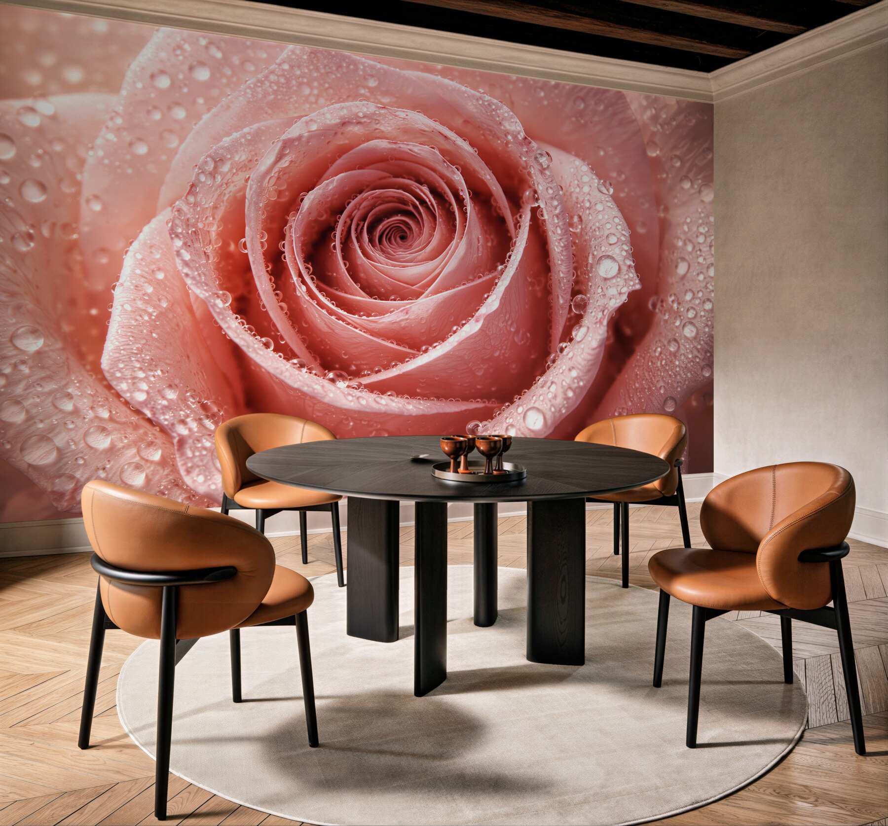 Fototapeten Puderrosa Rose in Tautropfen