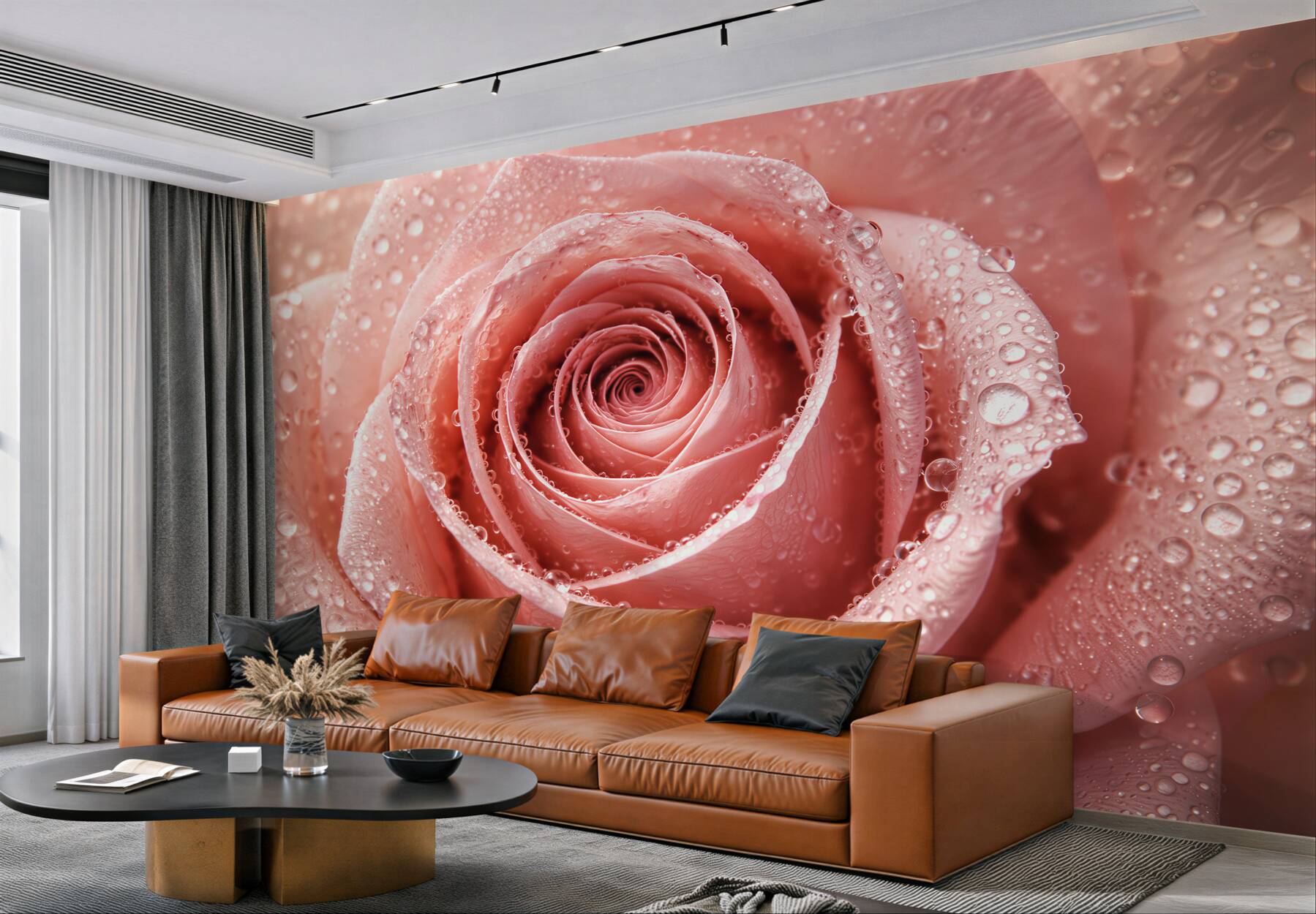 Fototapeten Puderrosa Rose in Tautropfen