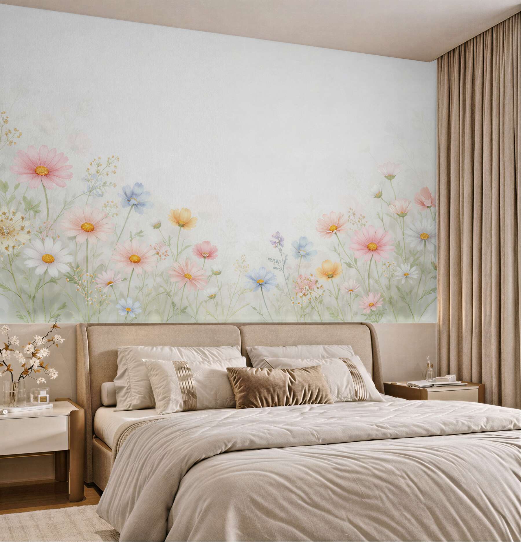 Fototapeten Pastellwiese mit zarten Blumen
