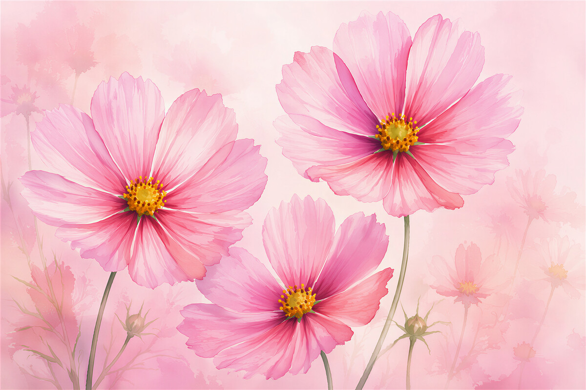 Fototapeten Rosa Kosmeen im Aquarellstil