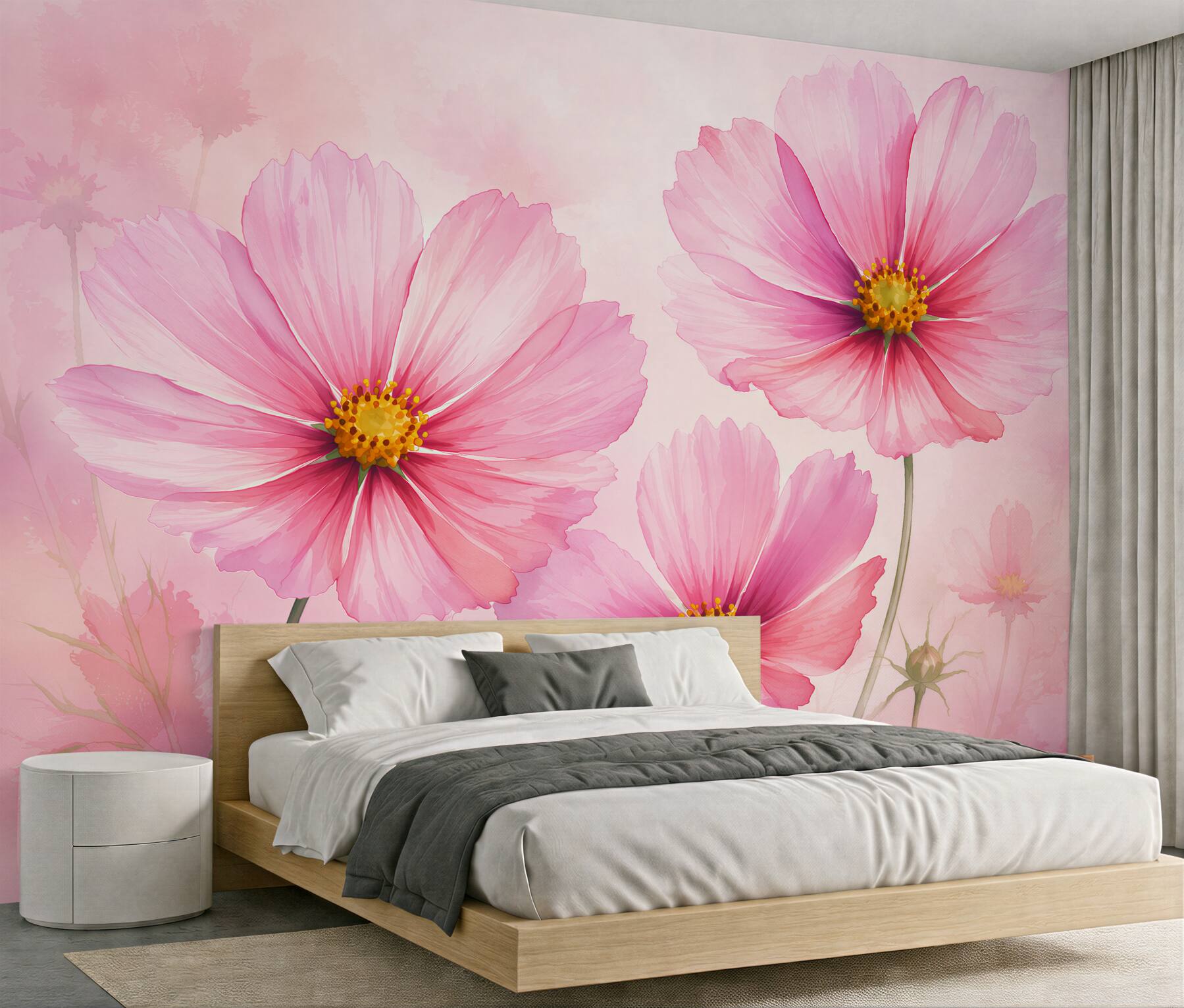 Fototapeten Rosa Kosmeen im Aquarellstil