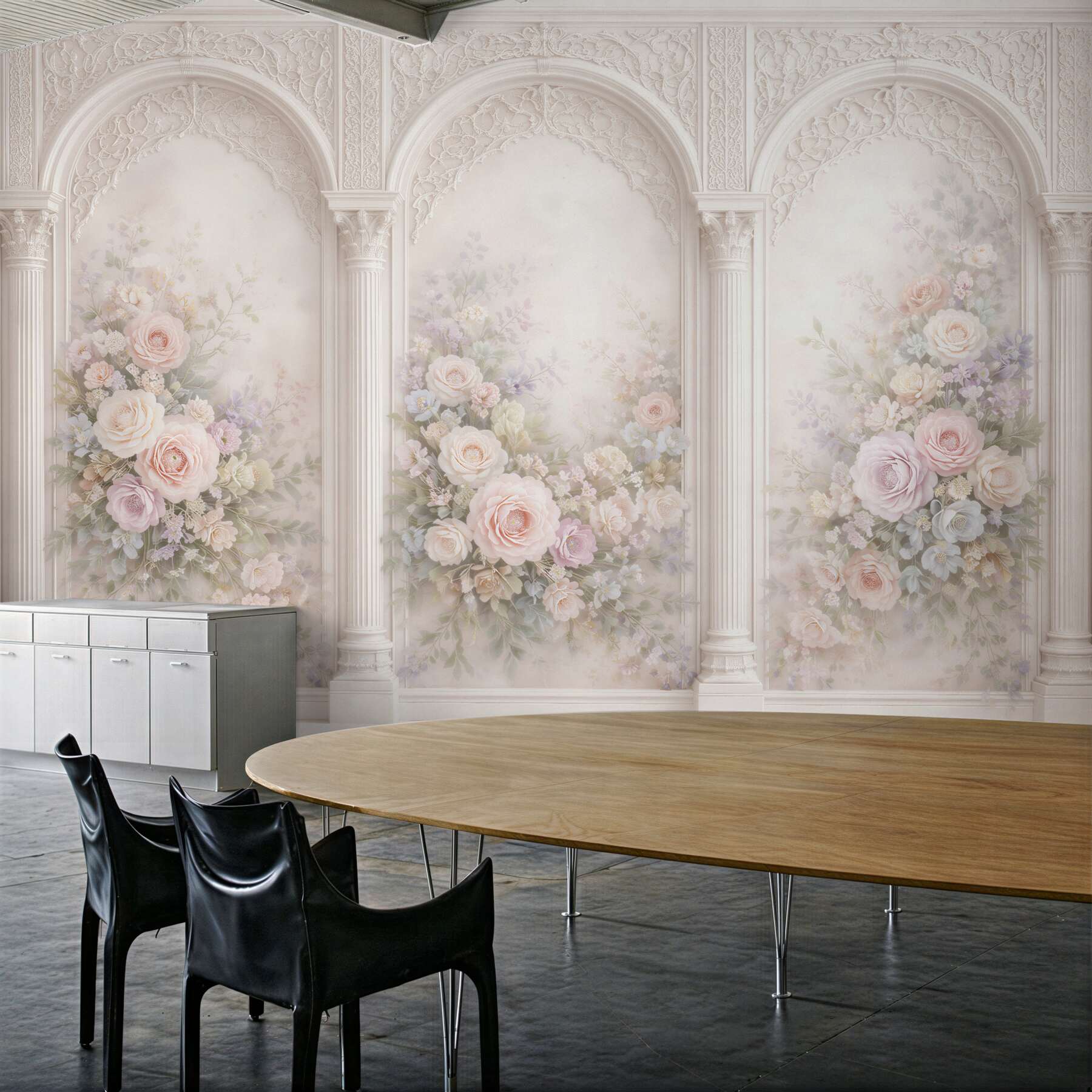 Fototapeten Pastellblumen in palastartigen Arkaden