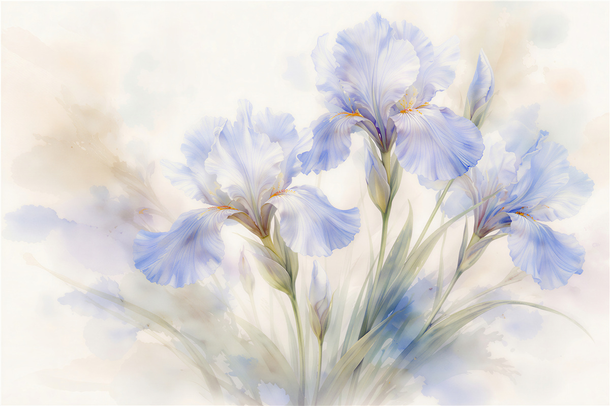 Fototapeten Blaue Irisblüten in Aquarell