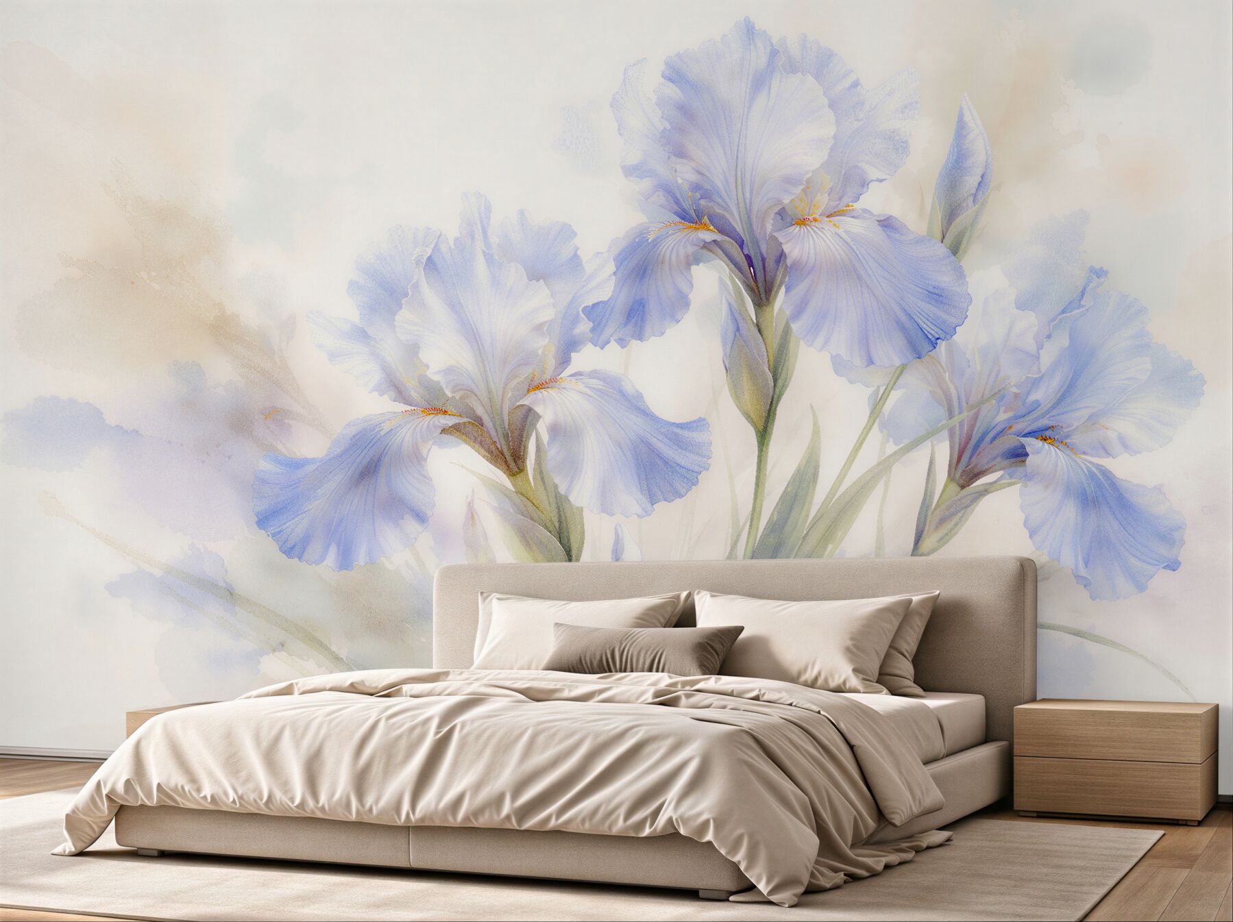 Fototapeten Blaue Irisblüten in Aquarell