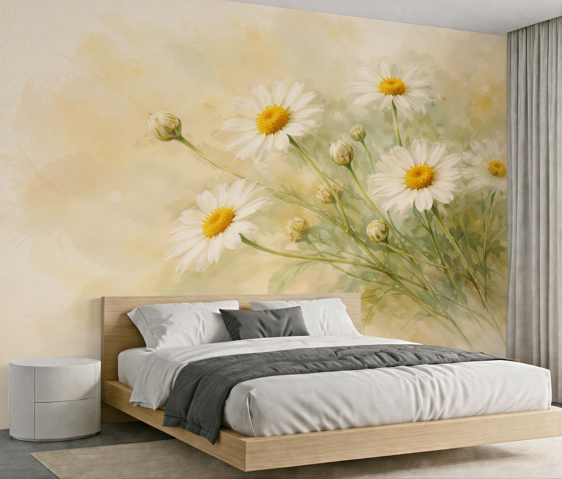 Fototapeten Sonnige Gänseblümchen in Aquarell