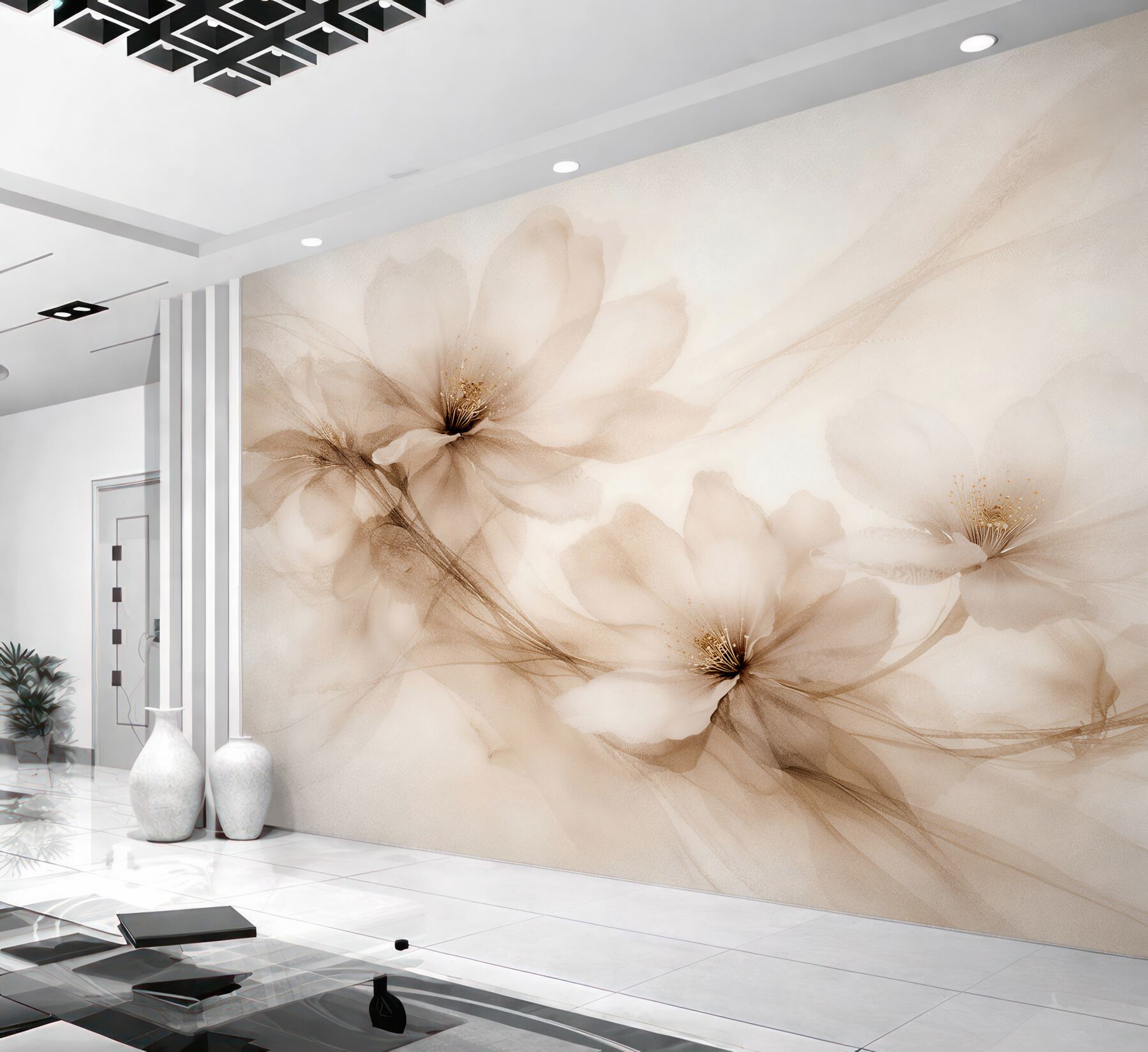 Fototapeten Beige Blumen in nebligem Schimmer