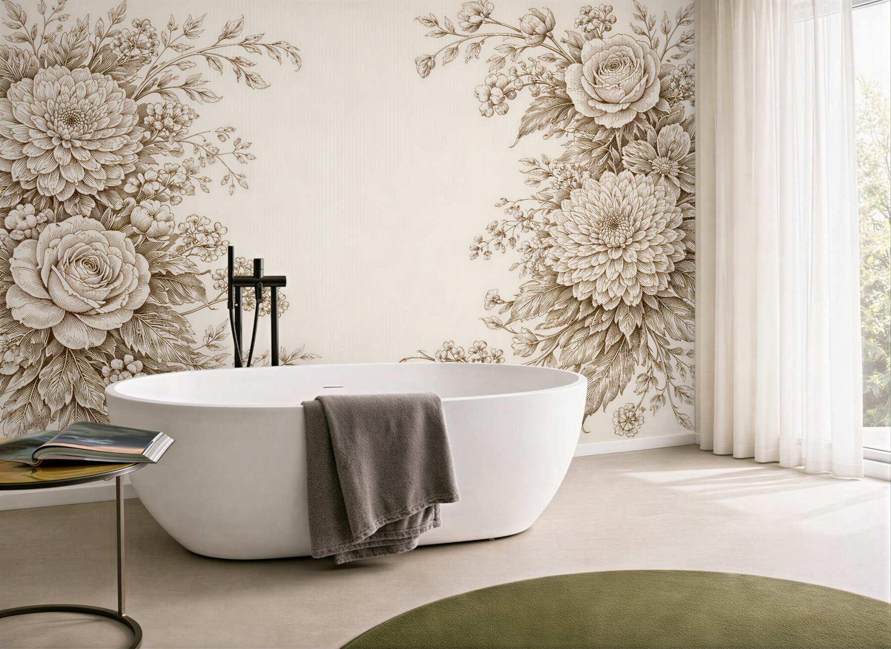 Fototapeten Cremefarbene Blumen in eleganter Skizze