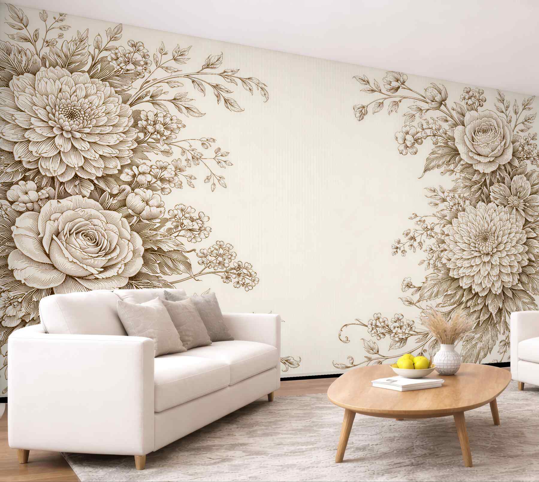Fototapeten Cremefarbene Blumen in eleganter Skizze