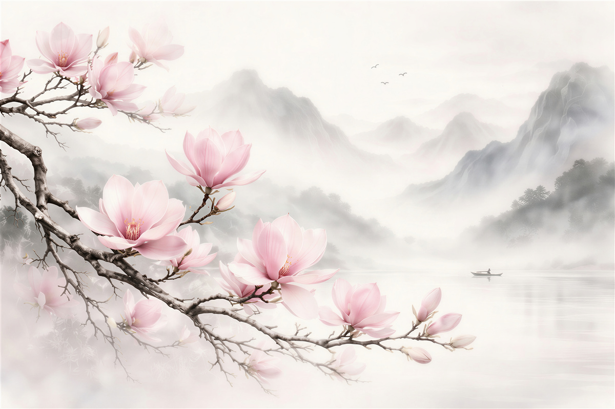 Fototapeten Magnolien über einem nebligen Bergsee