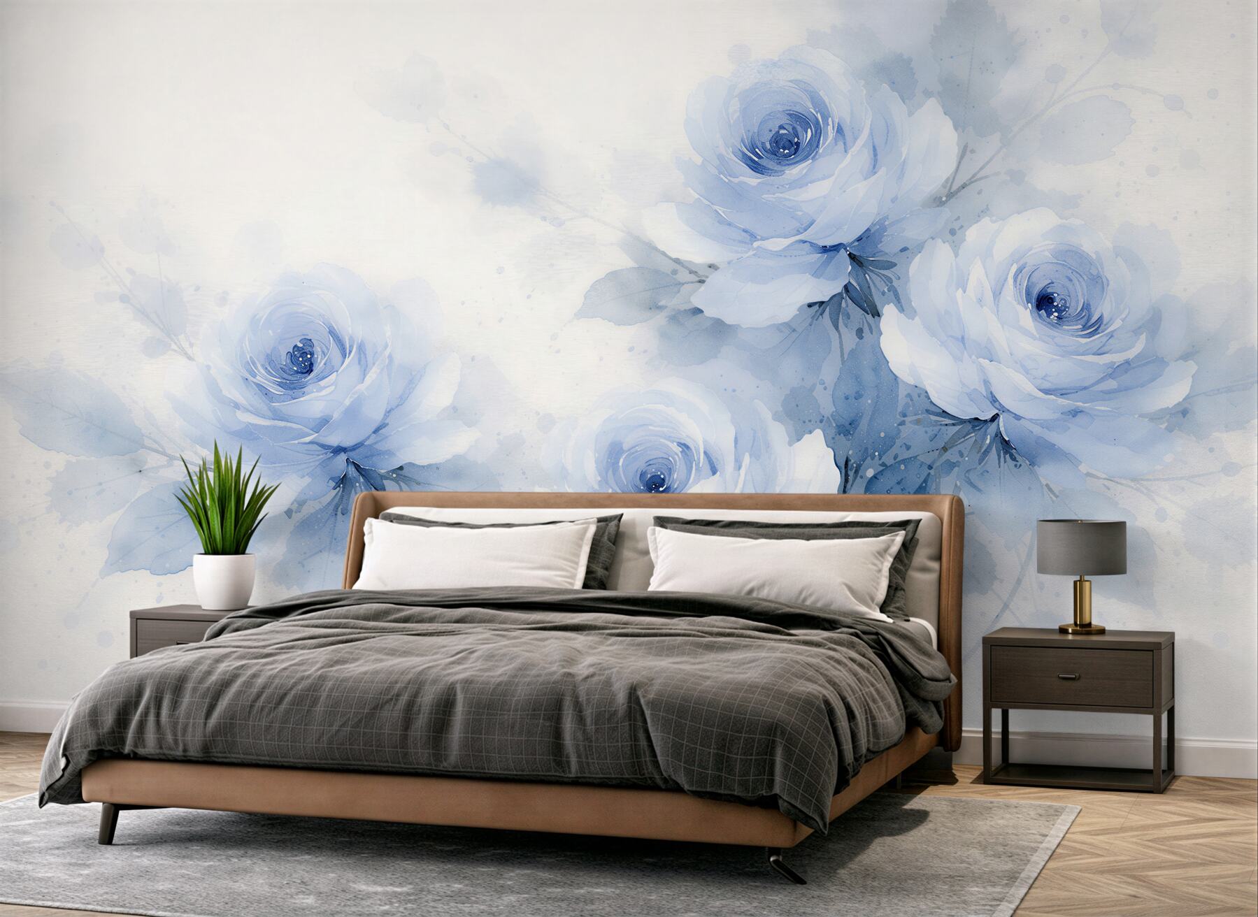 Fototapeten Blaue Rosen in Aquarell