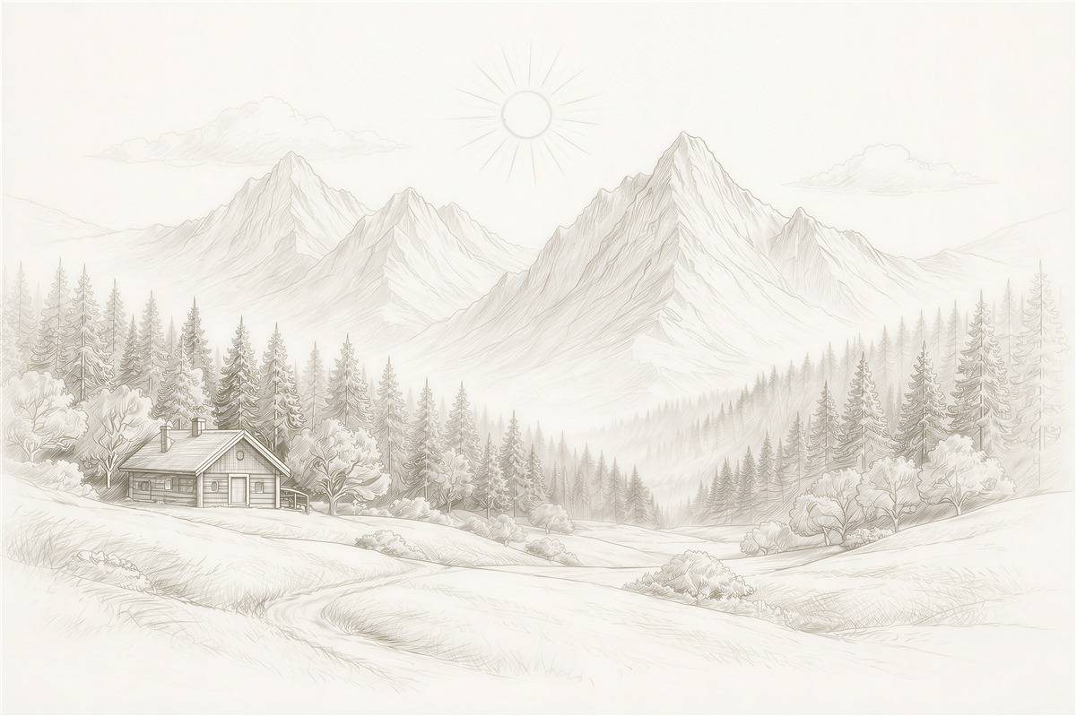 Fototapeten Bergtal mit Waldhütte