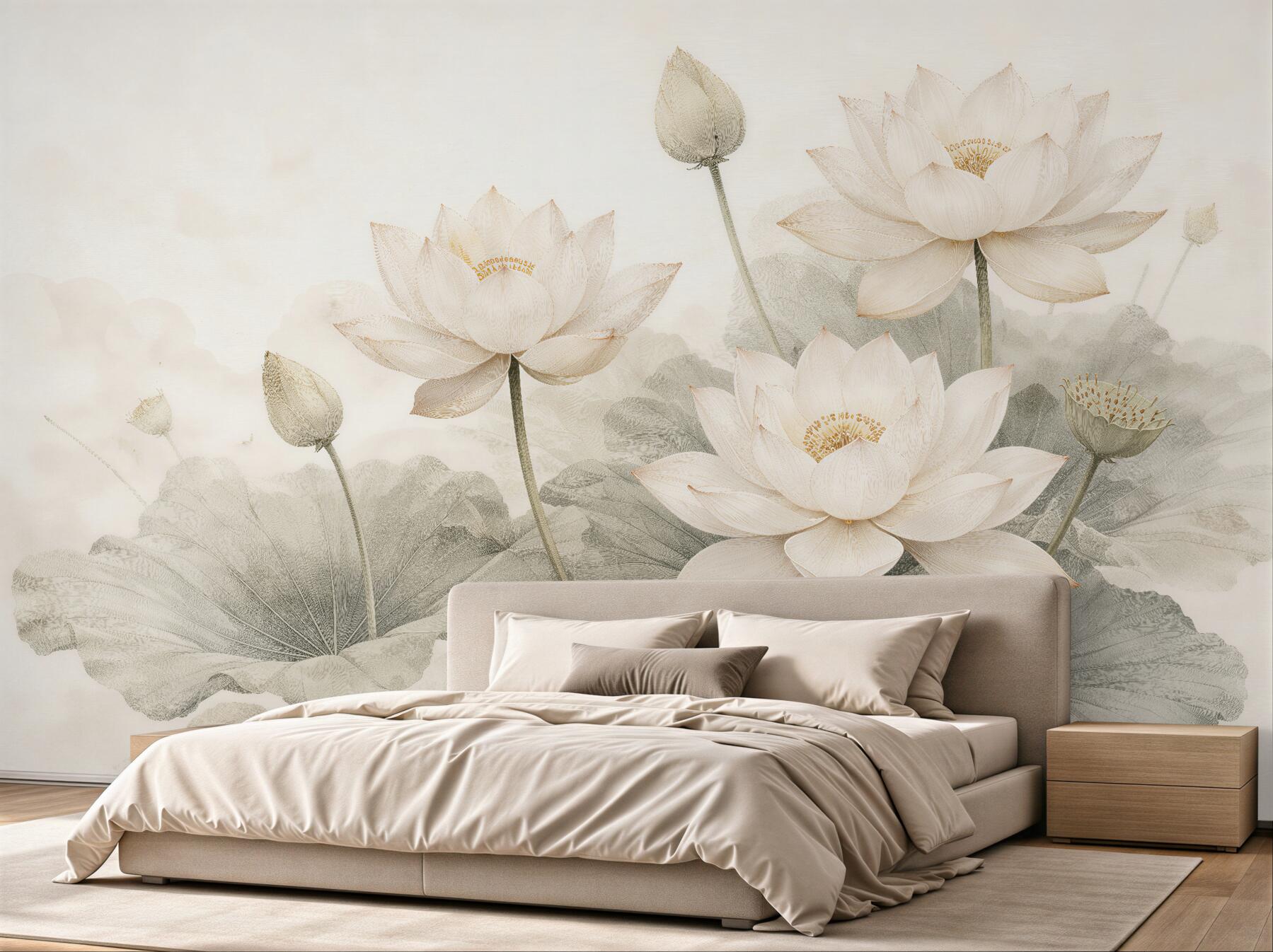 Fototapeten Cremefarbene Lotusblüten in subtiler Eleganz