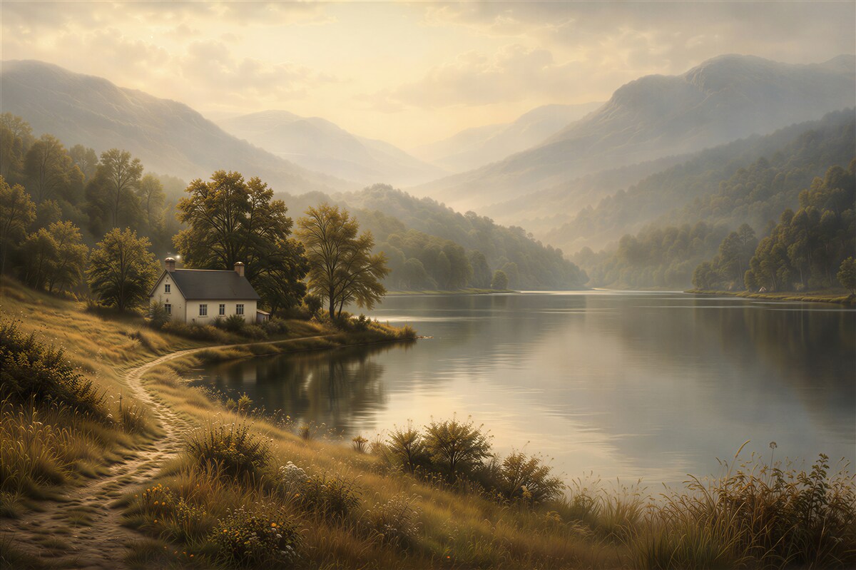 Fototapeten Goldenes Tal mit Häuschen am See