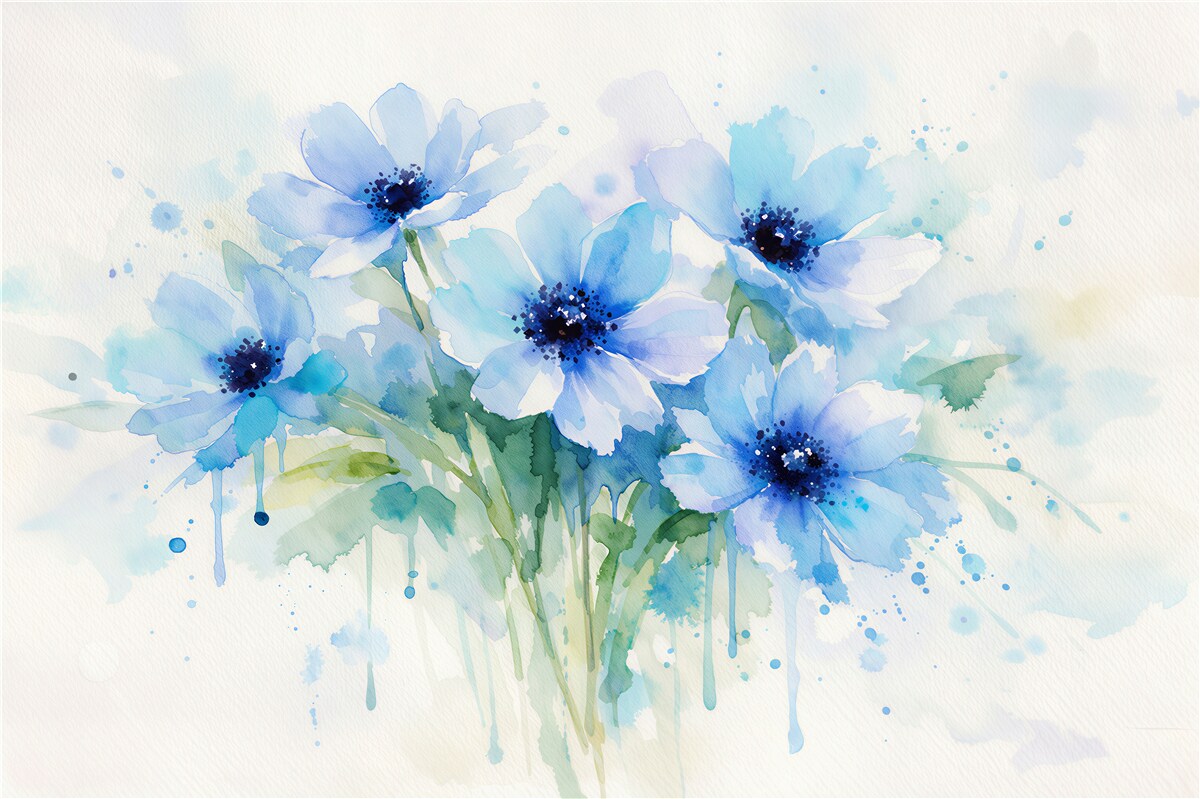 Fototapeten Blaue Blumen in Aquarell