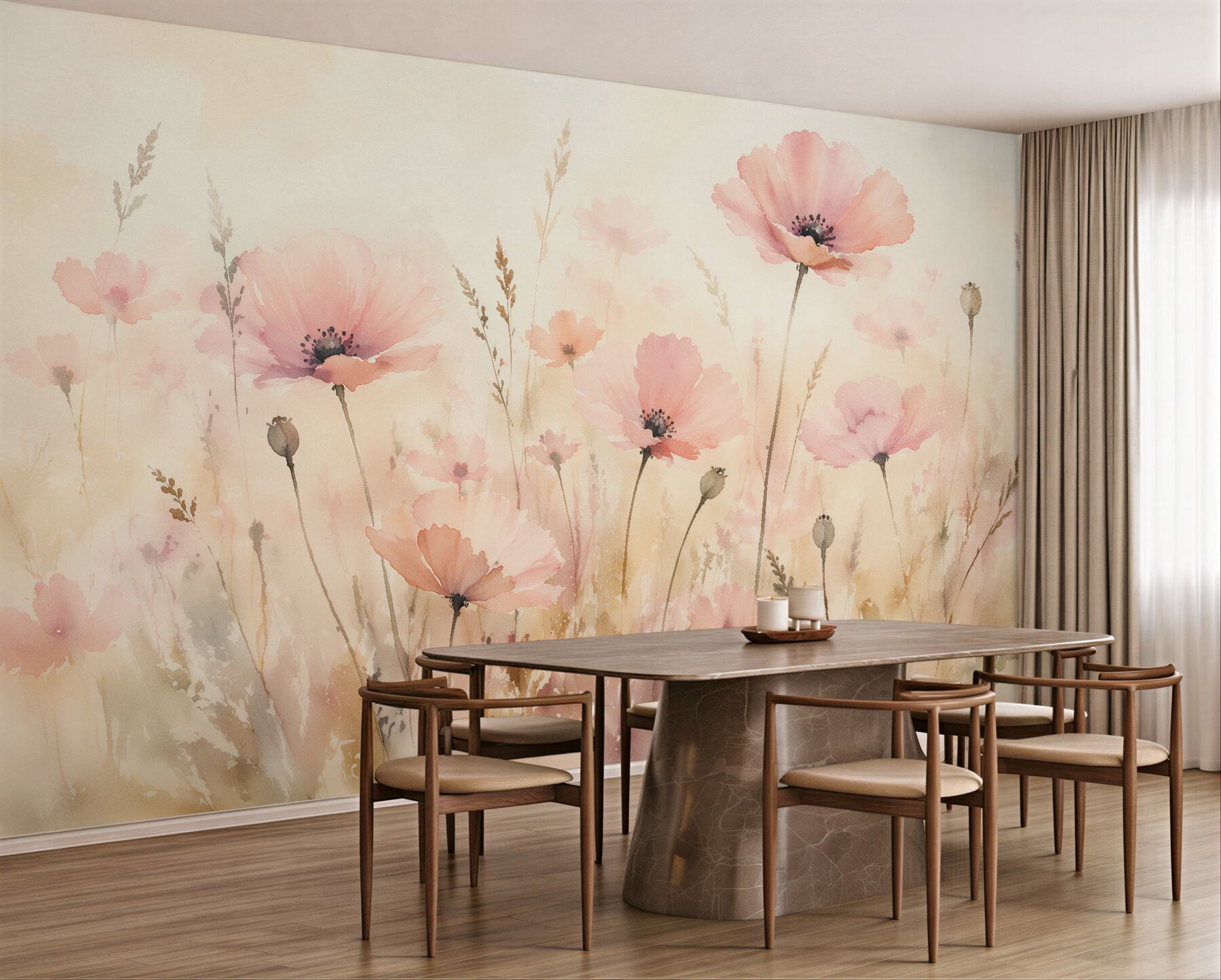 Fototapeten Pudrige Mohnblumen im Morgengrauen