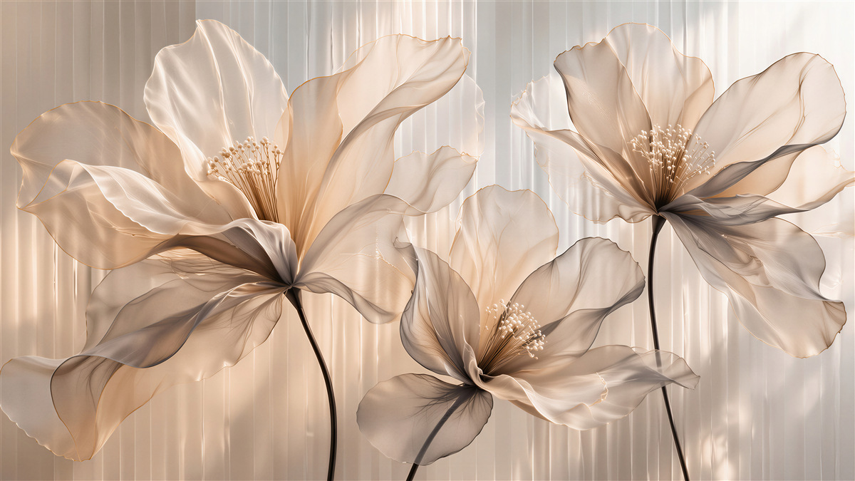 Fototapeten Goldene Blumen eleganter Schleier