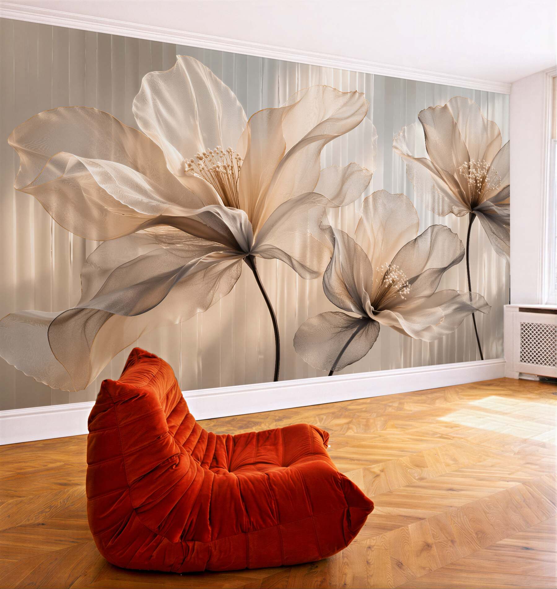 Fototapeten Goldene Blumen eleganter Schleier