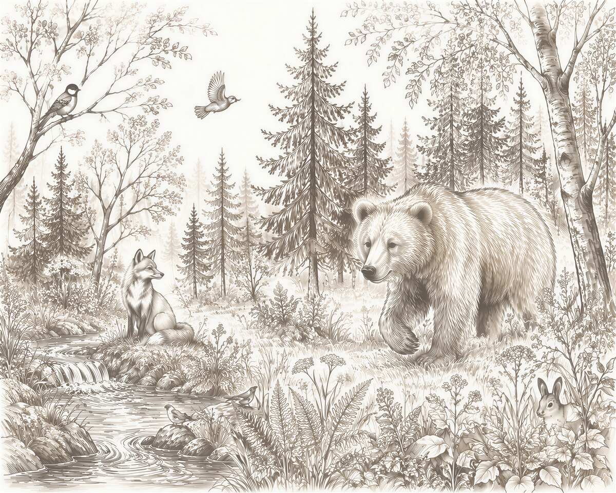 Fototapeten Waldtiere in einer Retro-Skizze