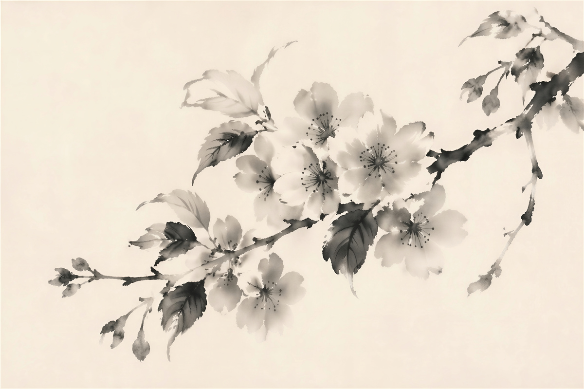 Fototapeten Aquarell-Zweig mit Retro-Blumen