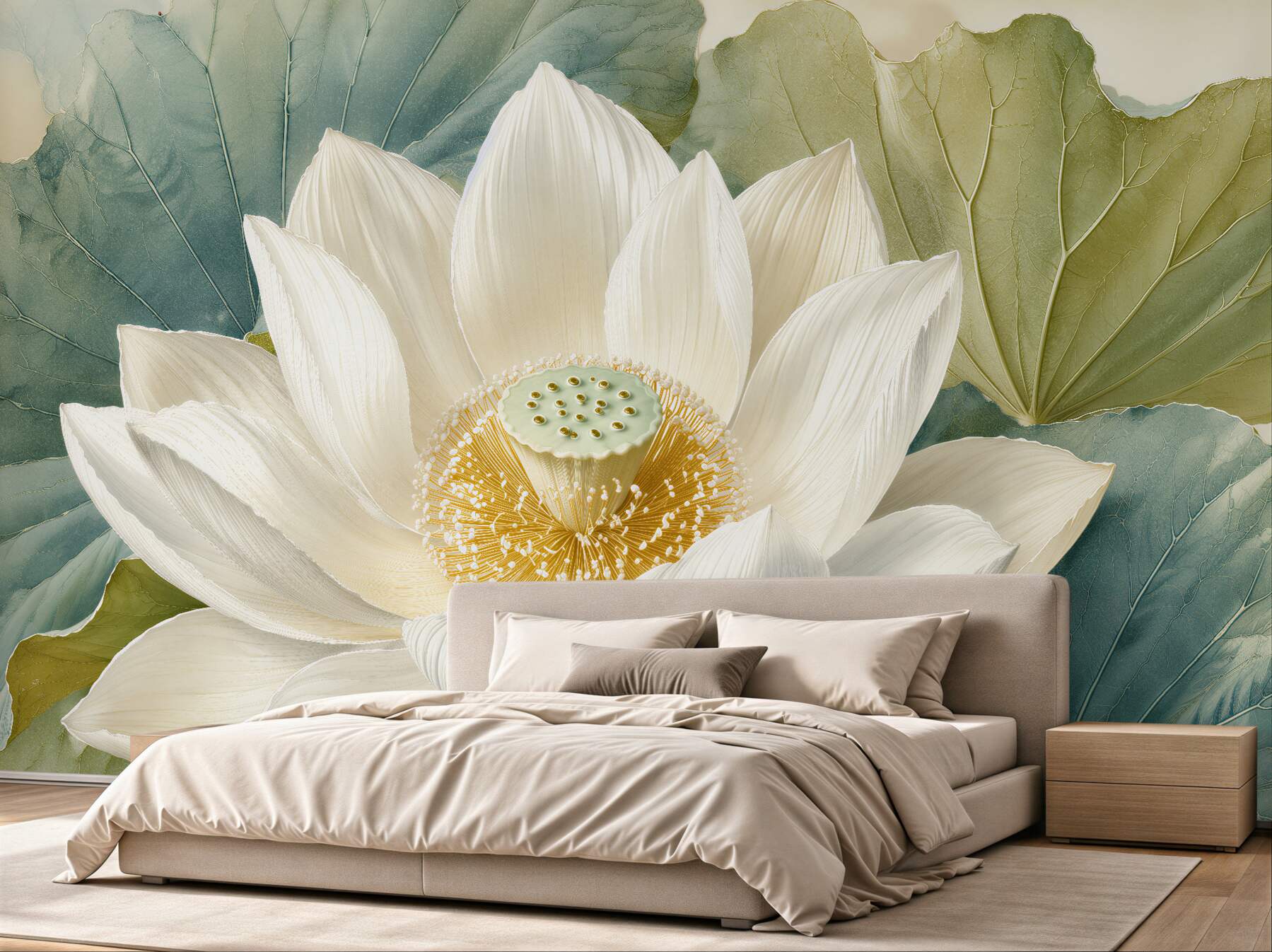 Fototapeten Weißer Lotus in subtilen Blättern