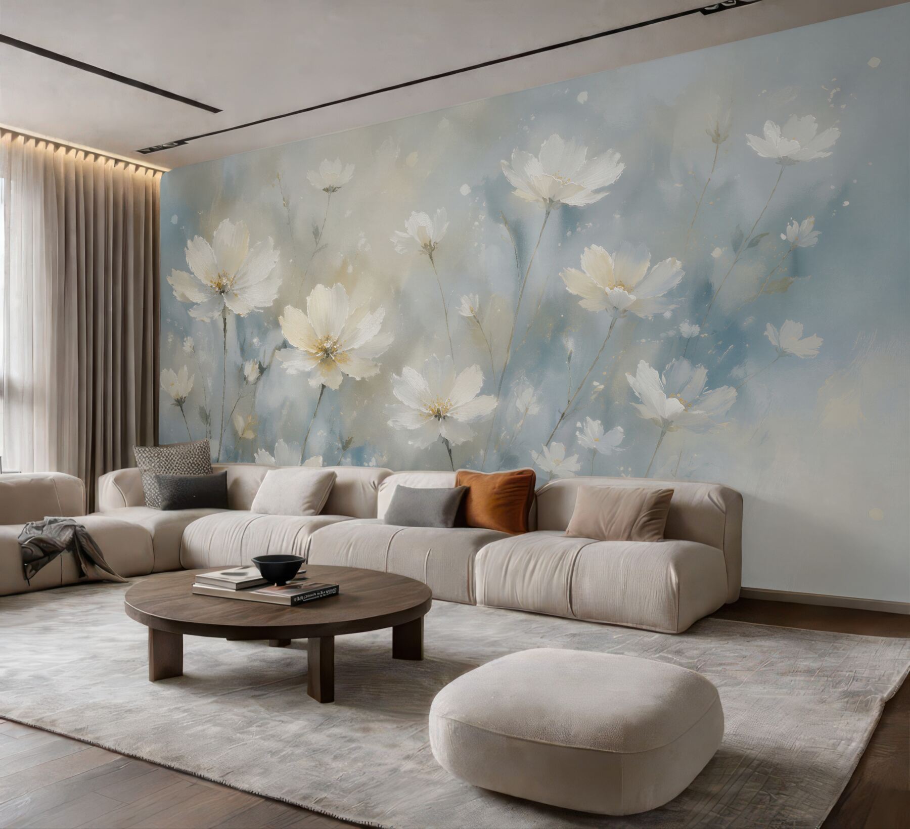 Fototapeten Weiße Blumen im blauen Nebel