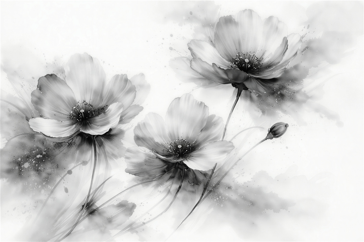 Fototapeten Schwarz-weiße Aquarellmohnblumen