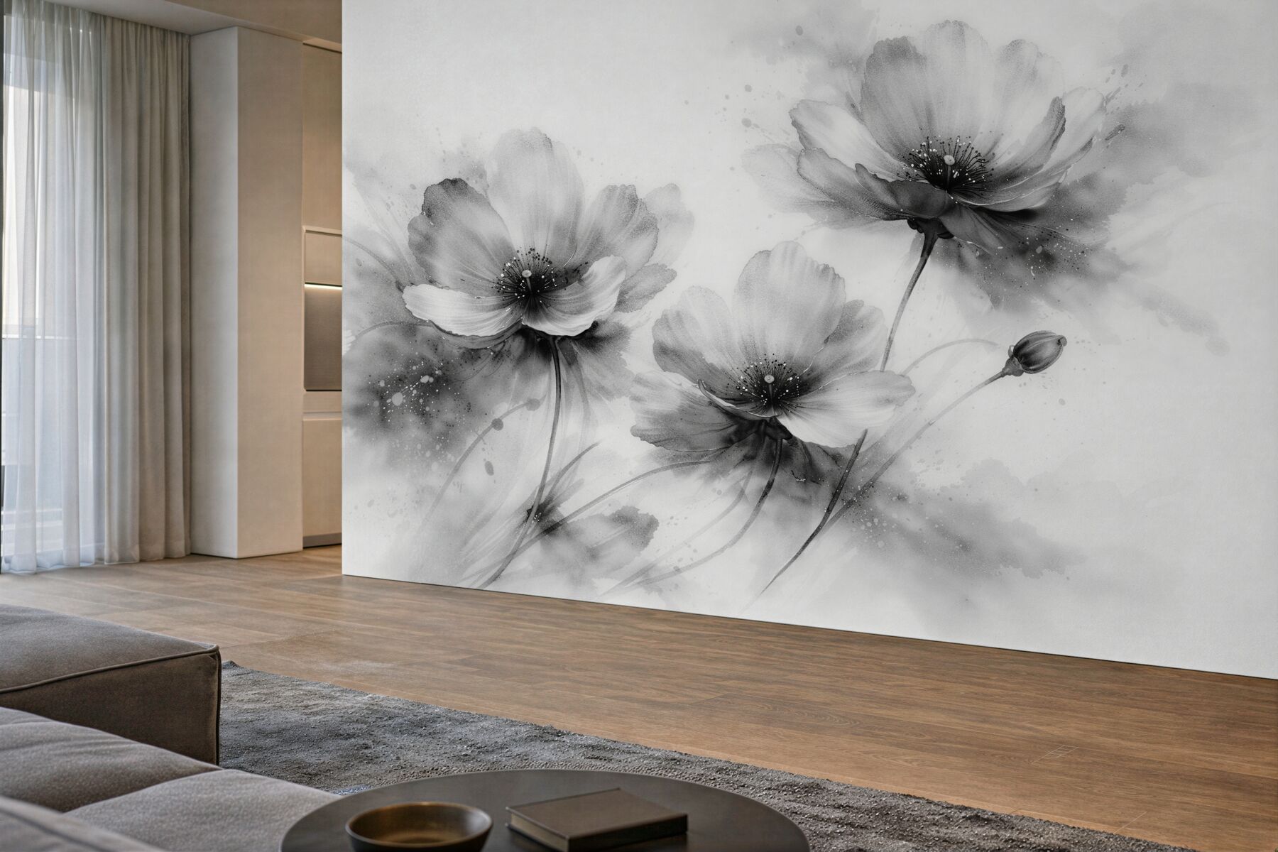 Fototapeten Schwarz-weiße Aquarellmohnblumen
