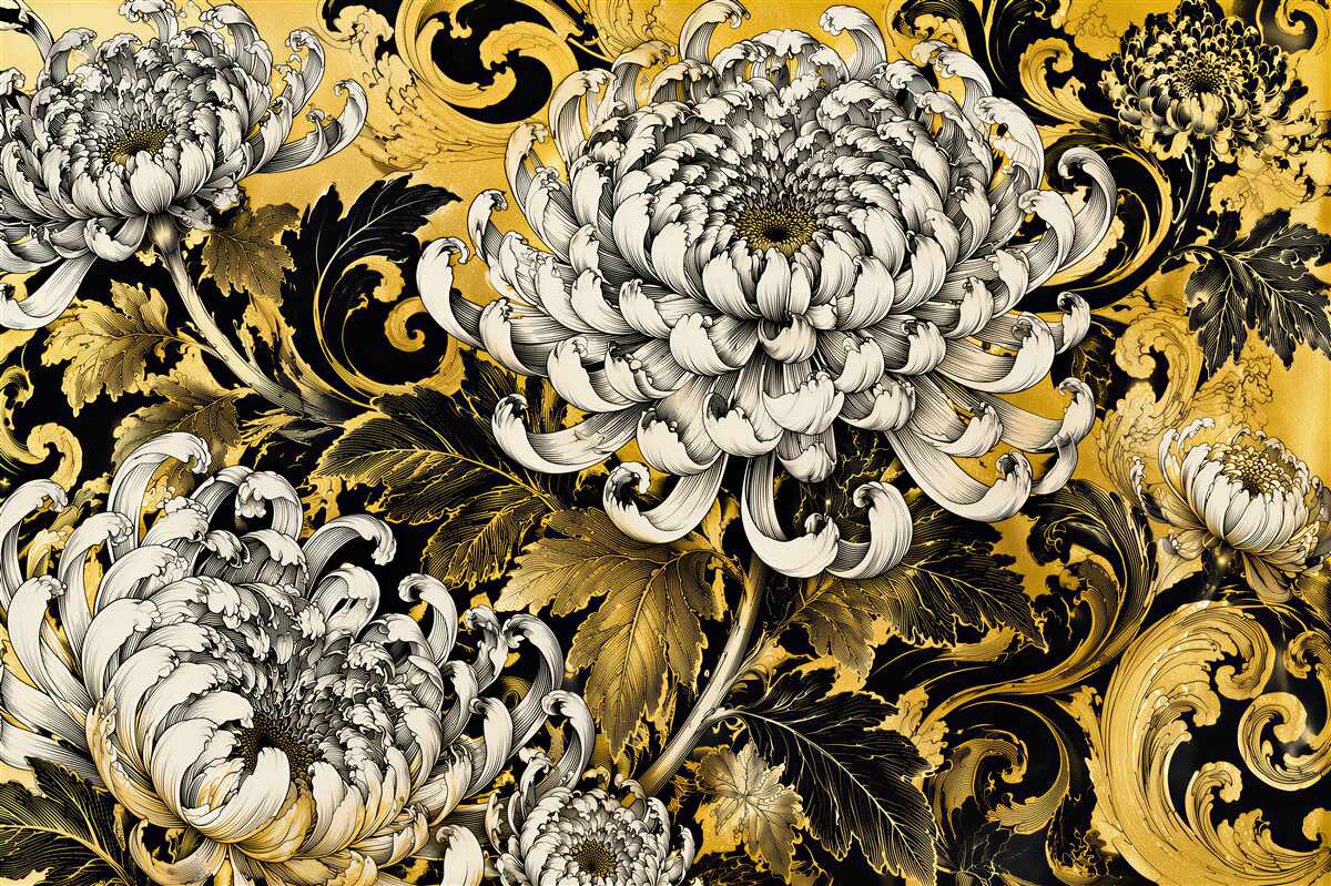 Fototapeten Goldene Chrysanthemen im Barockstil