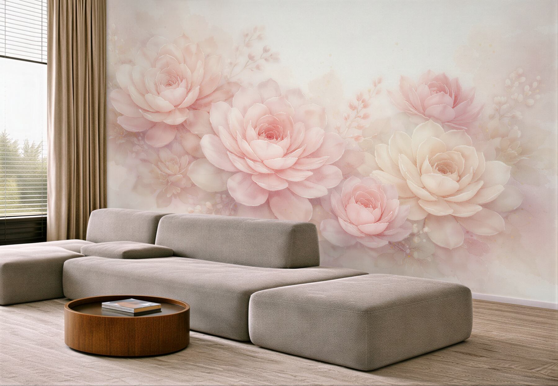 Fototapeten Puderfarbene Blumen in einer romantischen Wolke