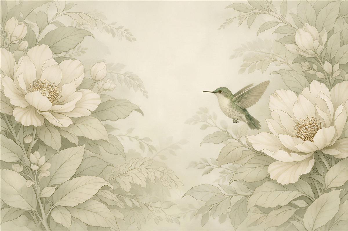 Fototapeten Cremige Blumen mit Kolibri