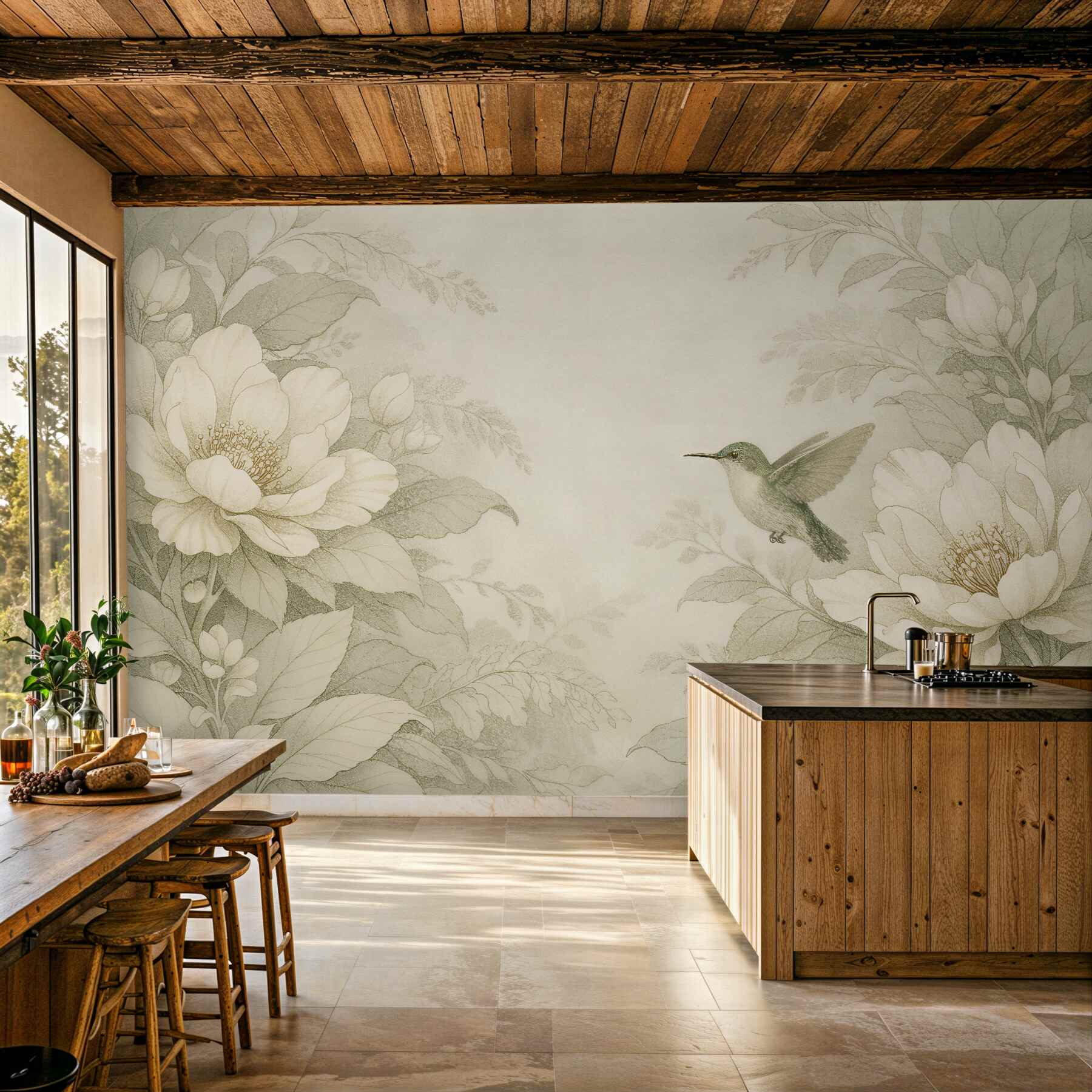 Fototapeten Cremige Blumen mit Kolibri