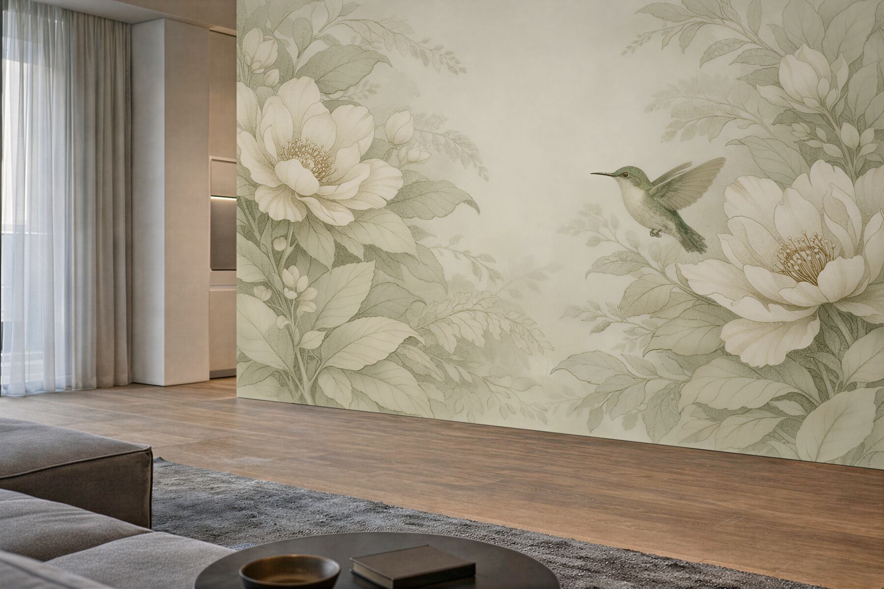 Fototapeten Cremige Blumen mit Kolibri