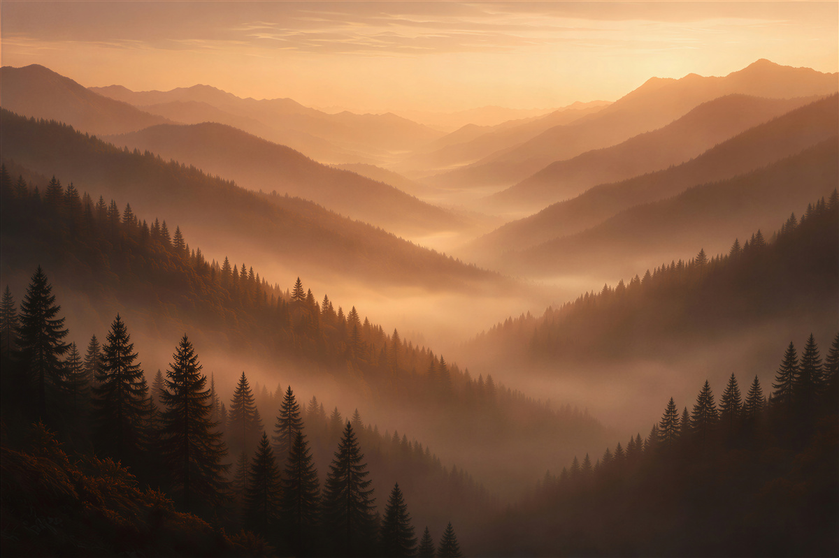Fototapeten Goldene Morgendämmerung über nebligen Bergen