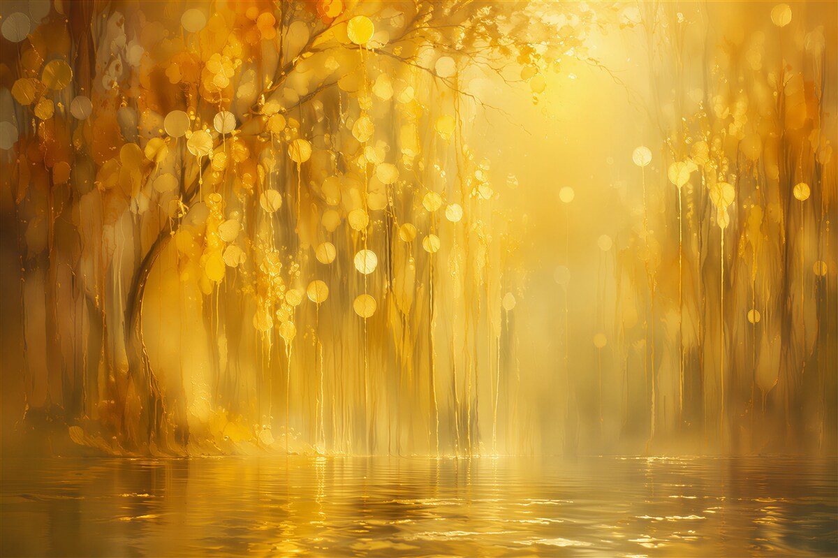 Fototapeten Goldener märchenhafter Wald am Wasser