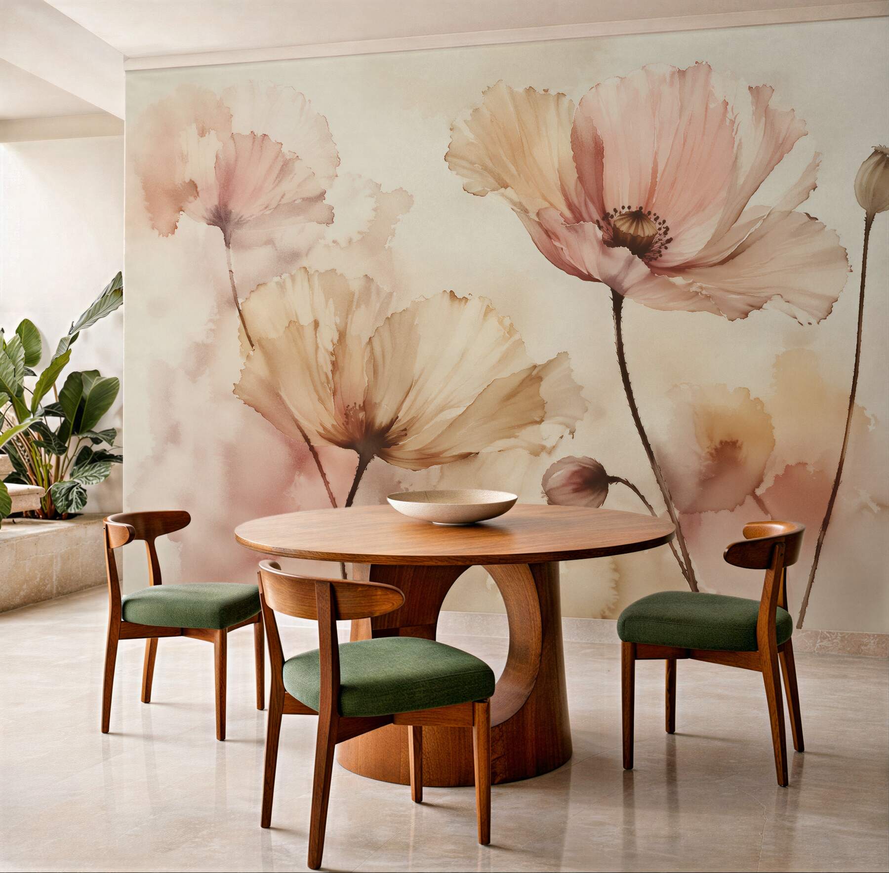 Fototapeten Aquarellmohn im beigen Nebelschleier