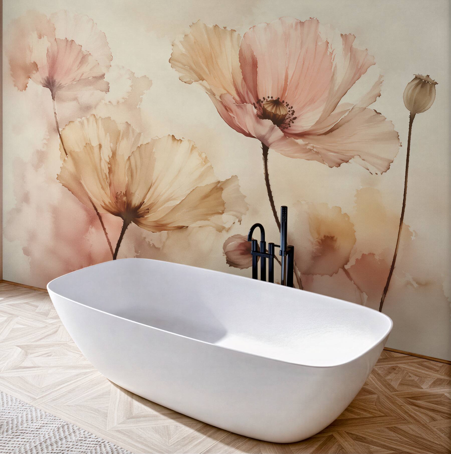 Fototapeten Aquarellmohn im beigen Nebelschleier