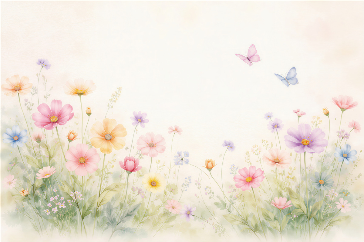Fototapeten Pastellfarbene Blumenwiese mit Schmetterlingen