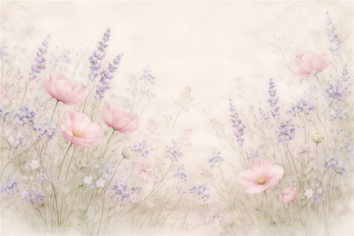 Fototapeten Pastellwiese mit Lavendel und Mohnblumen