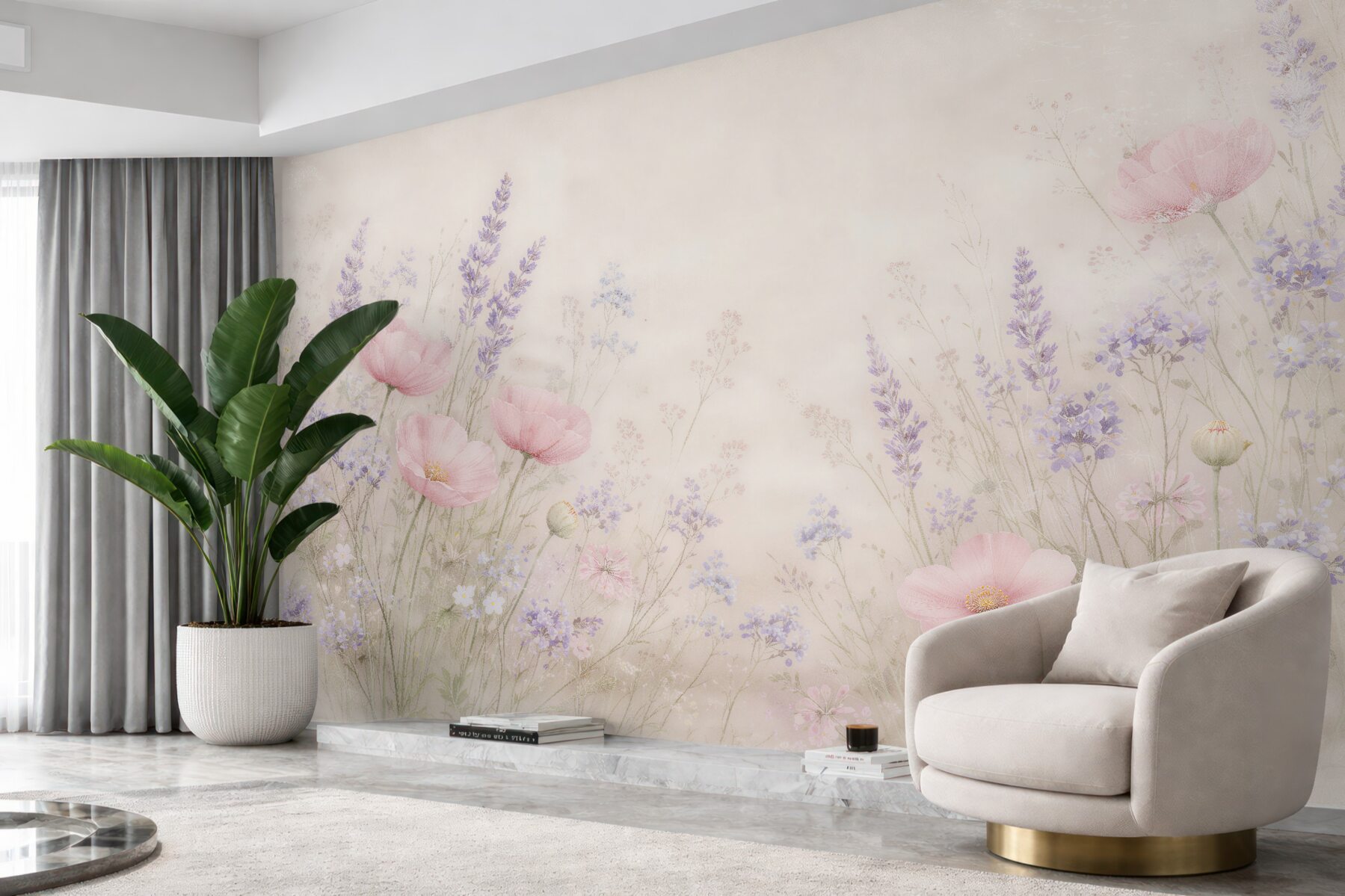 Fototapeten Pastellwiese mit Lavendel und Mohnblumen